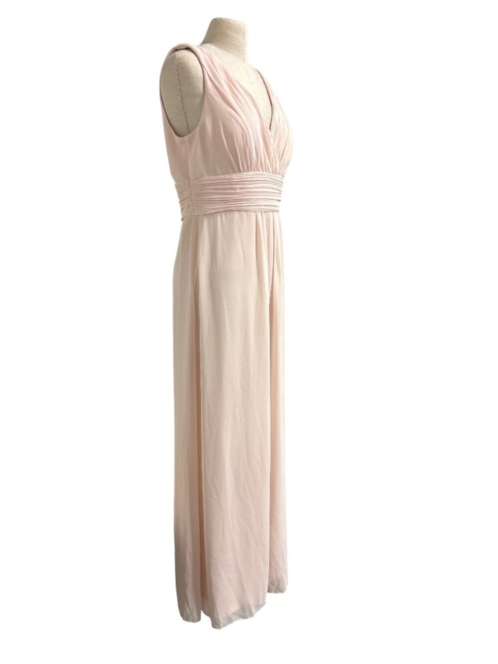 Blush Pink Sleeveless V-Neck Long Gown With Pleated Waist By Levkoff Size 14